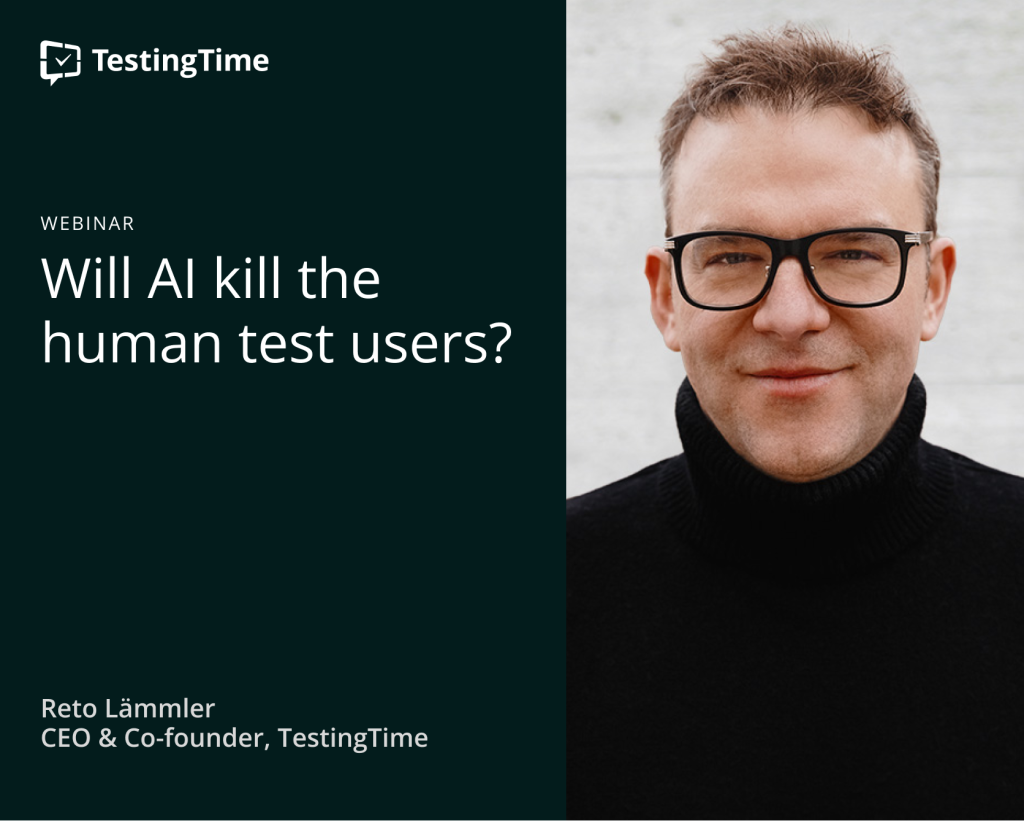 A man with short hair, black glasses and a black pullover presenting a webinar called "Will AI kill the human test users"